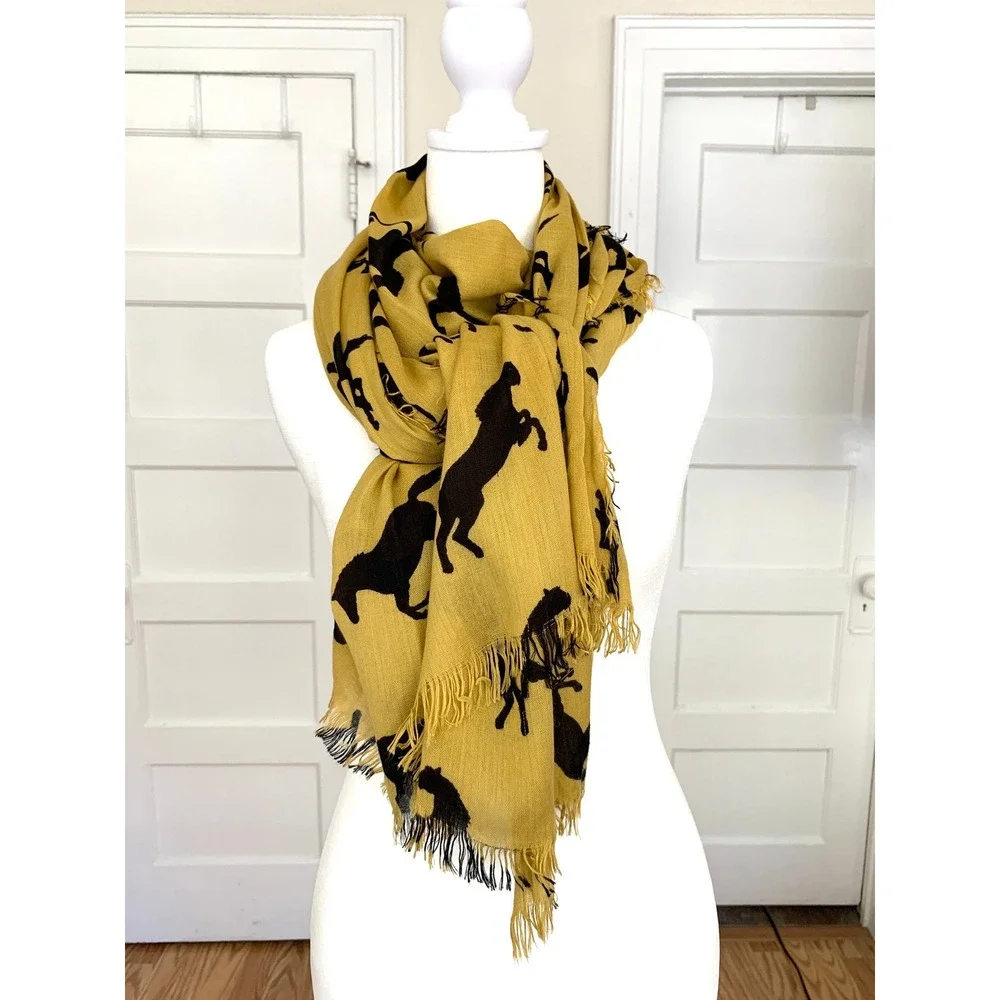 Western Horse Print Scarf 36 x 74 Frayed Edge Equestrian Mustard Yellow Black